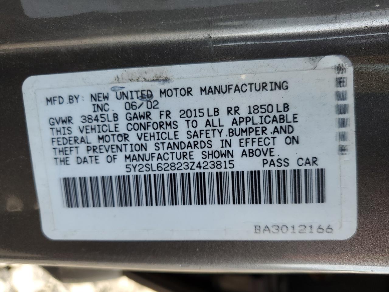 2003 Pontiac Vibe VIN: 5Y2SL62823Z423815 Lot: 59396915