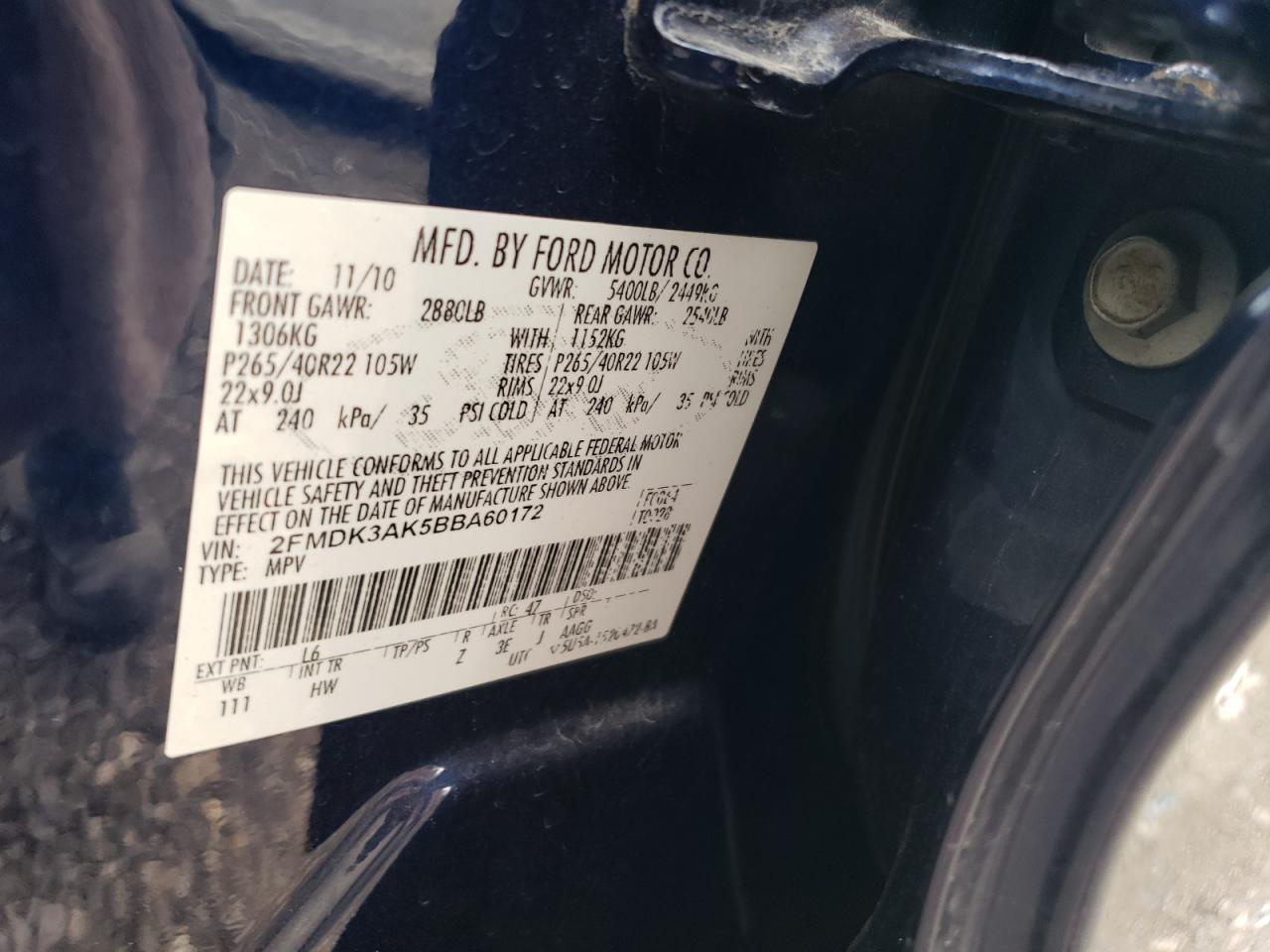 2011 Ford Edge Sport VIN: 2FMDK3AK5BBA60172 Lot: 62668065