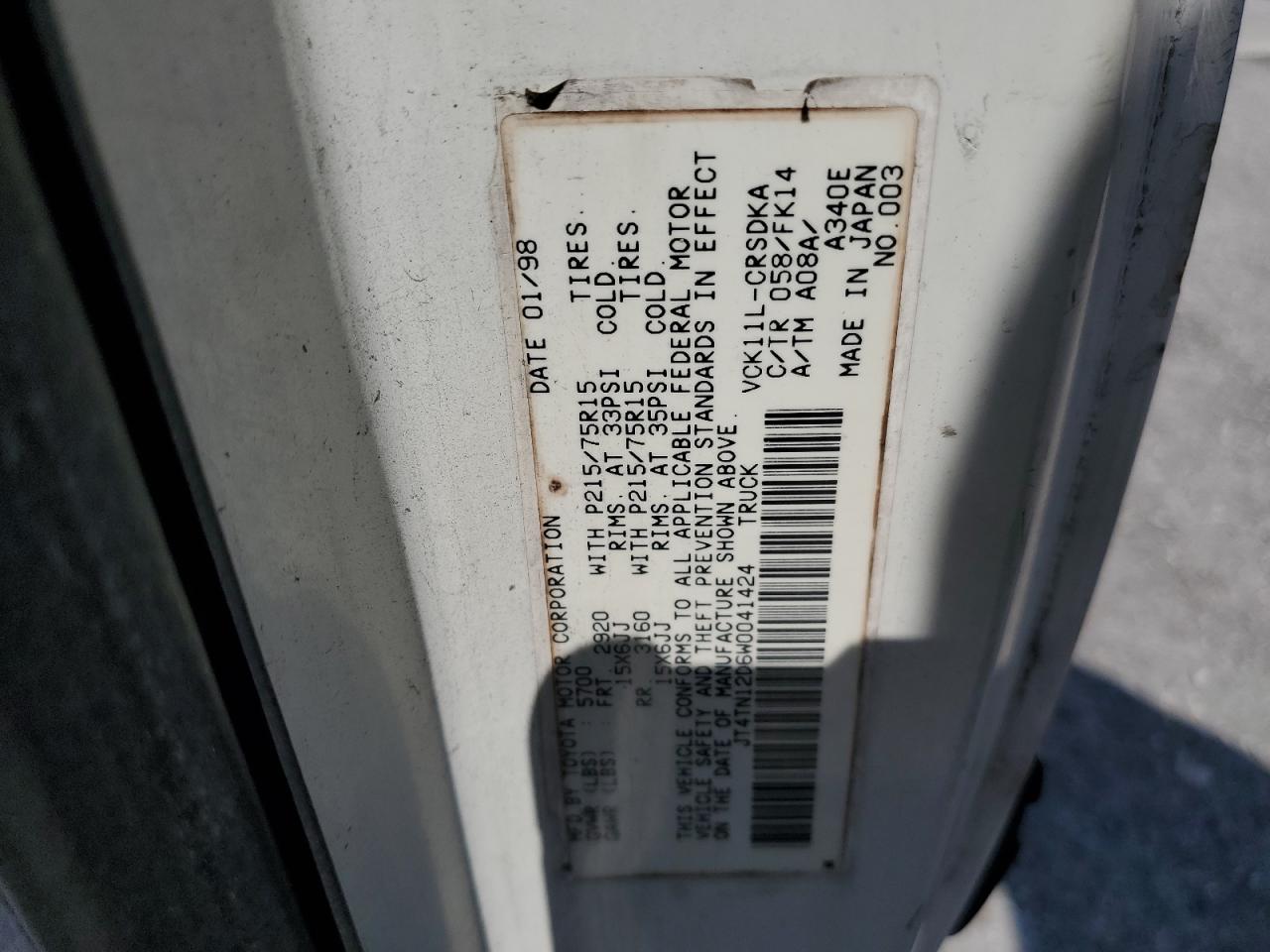1998 Toyota T100 Xtracab VIN: JT4TN12D6W0041424 Lot: 61336125