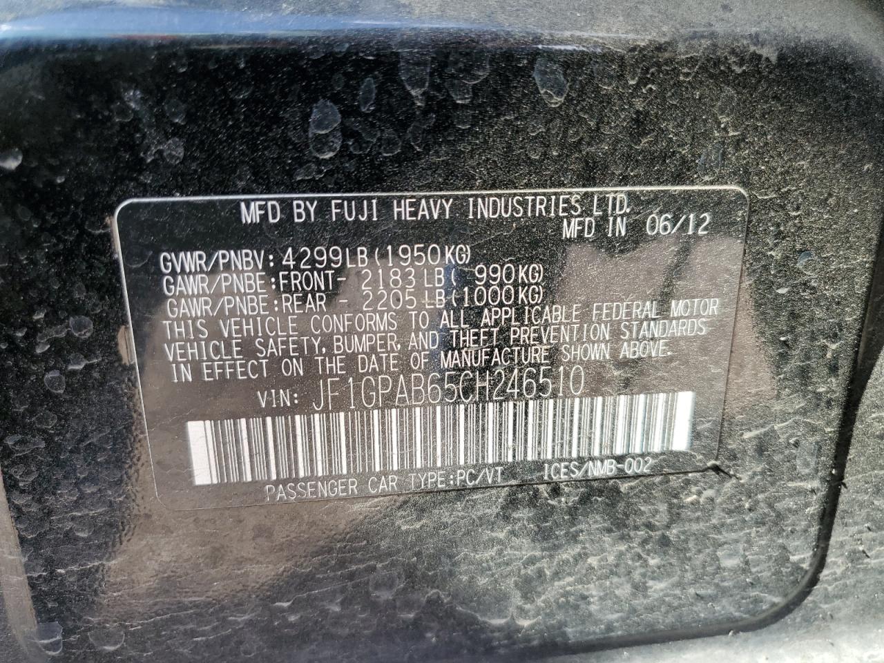 2012 Subaru Impreza Premium VIN: JF1GPAB65CH246510 Lot: 62523775