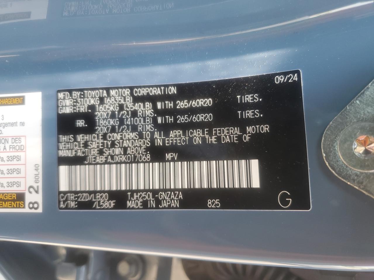 2024 Toyota Land Cruiser Base VIN: JTEABFAJXRK017068 Lot: 60297395