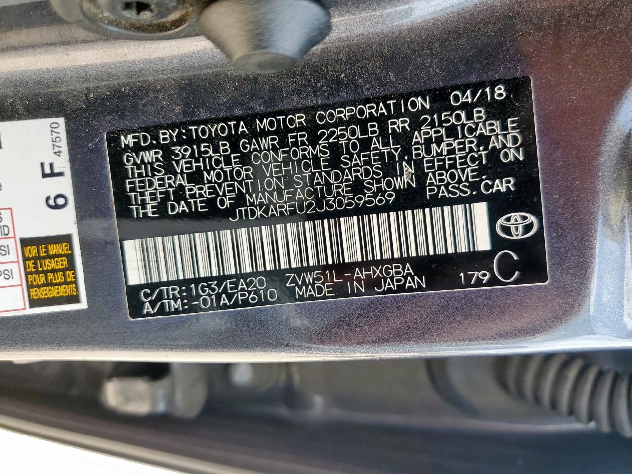 2018 Toyota Prius VIN: JTDKARFU2J3059569 Lot: 62960015