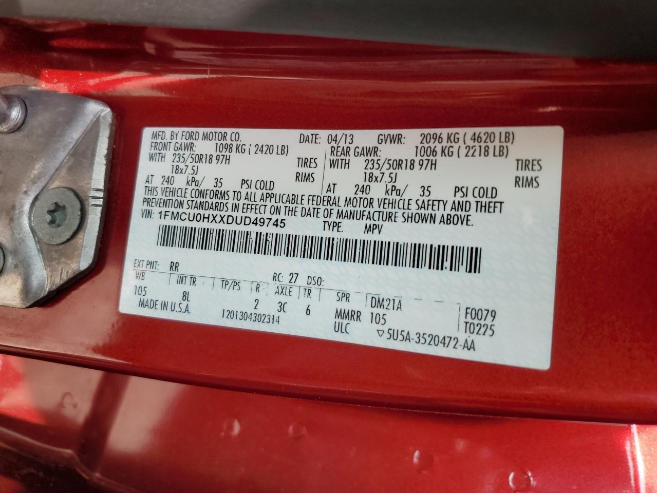 2013 Ford Escape Sel VIN: 1FMCU0HXXDUD49745 Lot: 60268985