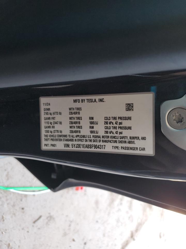2025 Tesla Model 3 VIN: 5YJ3E1EA8SF904317 Lot: 62883775
