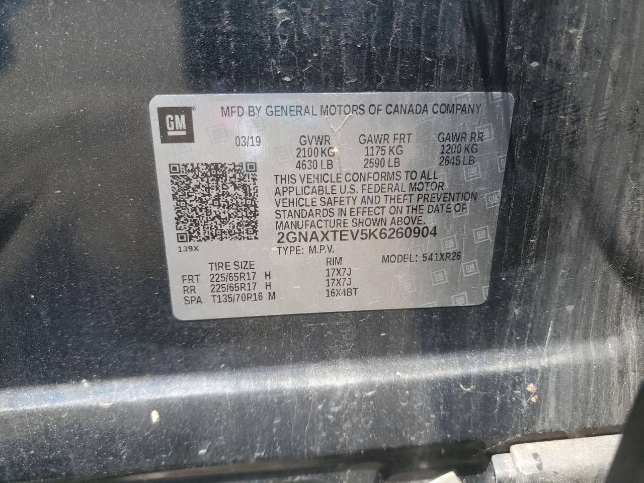2019 Chevrolet Equinox Lt VIN: 2GNAXTEV5K6260904 Lot: 62066645