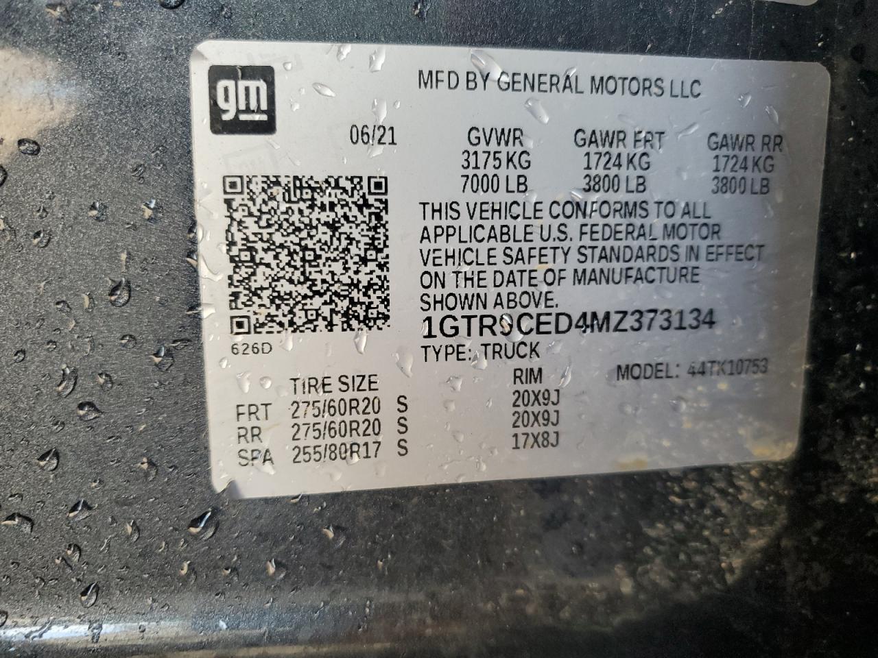 2021 GMC Sierra K1500 Elevation VIN: 1GTR9CED4MZ373134 Lot: 58294995