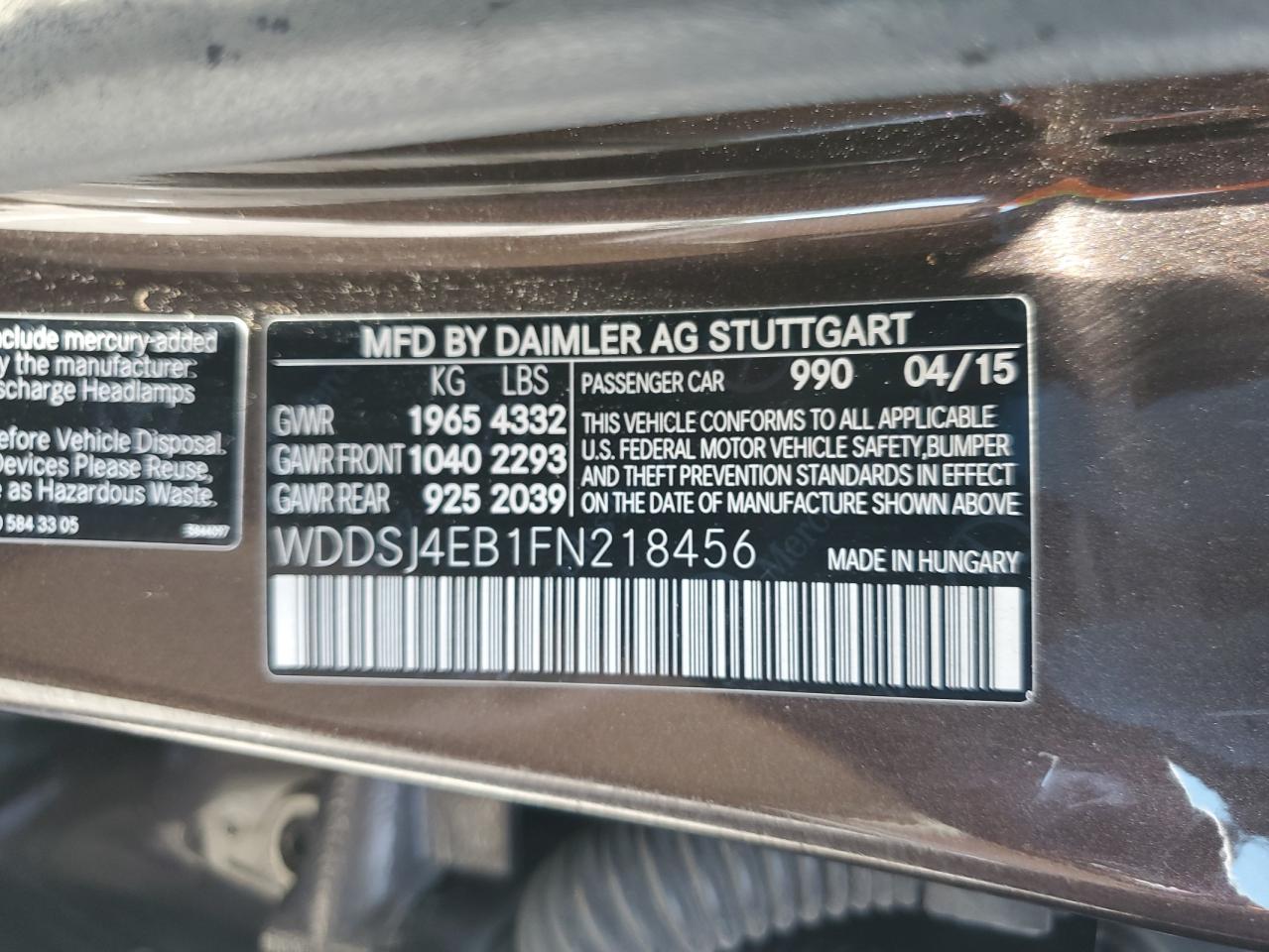 2015 Mercedes-Benz Cla 250 VIN: WDDSJ4EB1FN218456 Lot: 61856585