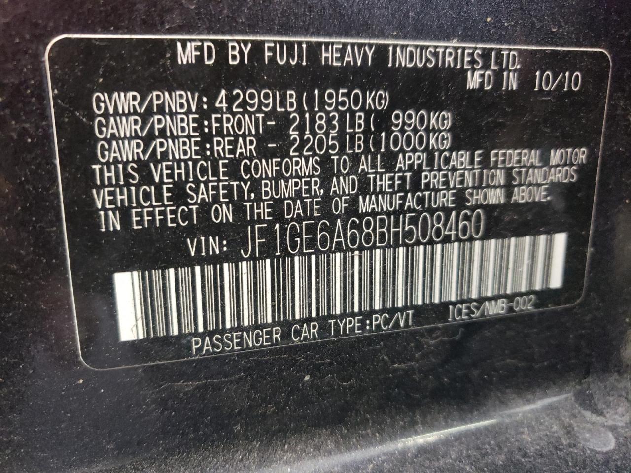 2011 Subaru Impreza 2.5I VIN: JF1GE6A68BH508460 Lot: 61983705