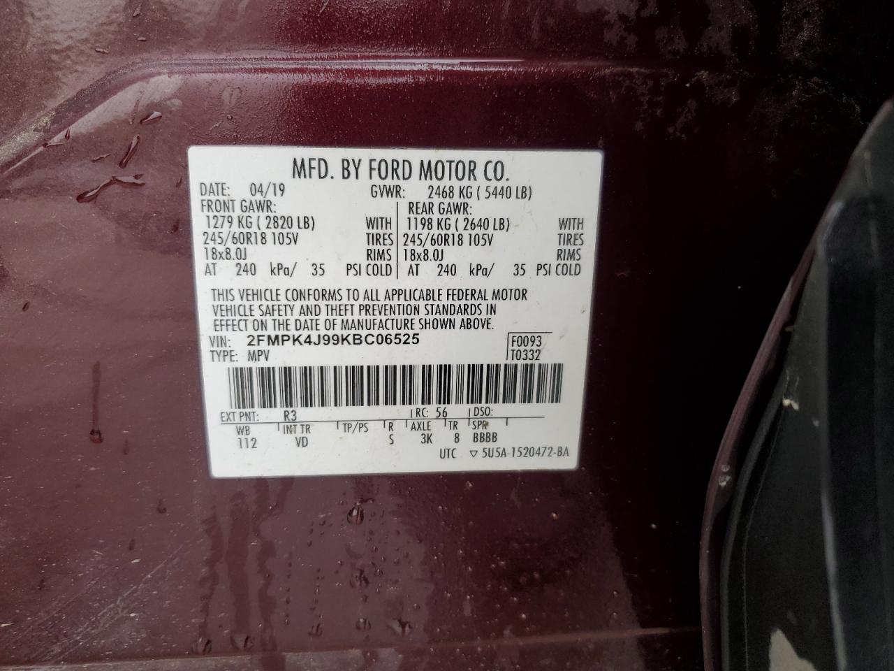 2019 Ford Edge Sel VIN: 2FMPK4J99KBC06525 Lot: 62874105