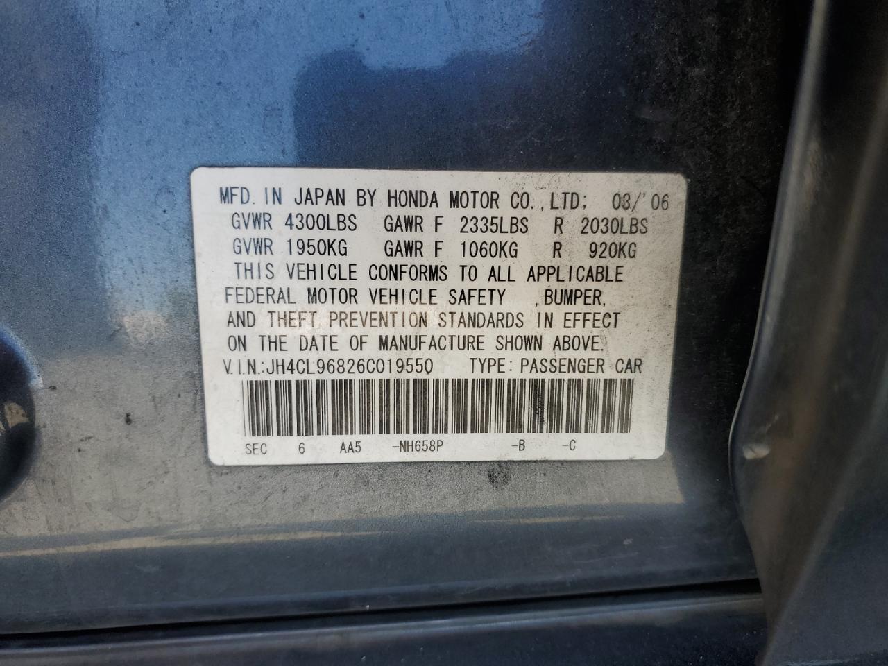 2006 Acura Tsx VIN: JH4CL96826C019550 Lot: 61312725