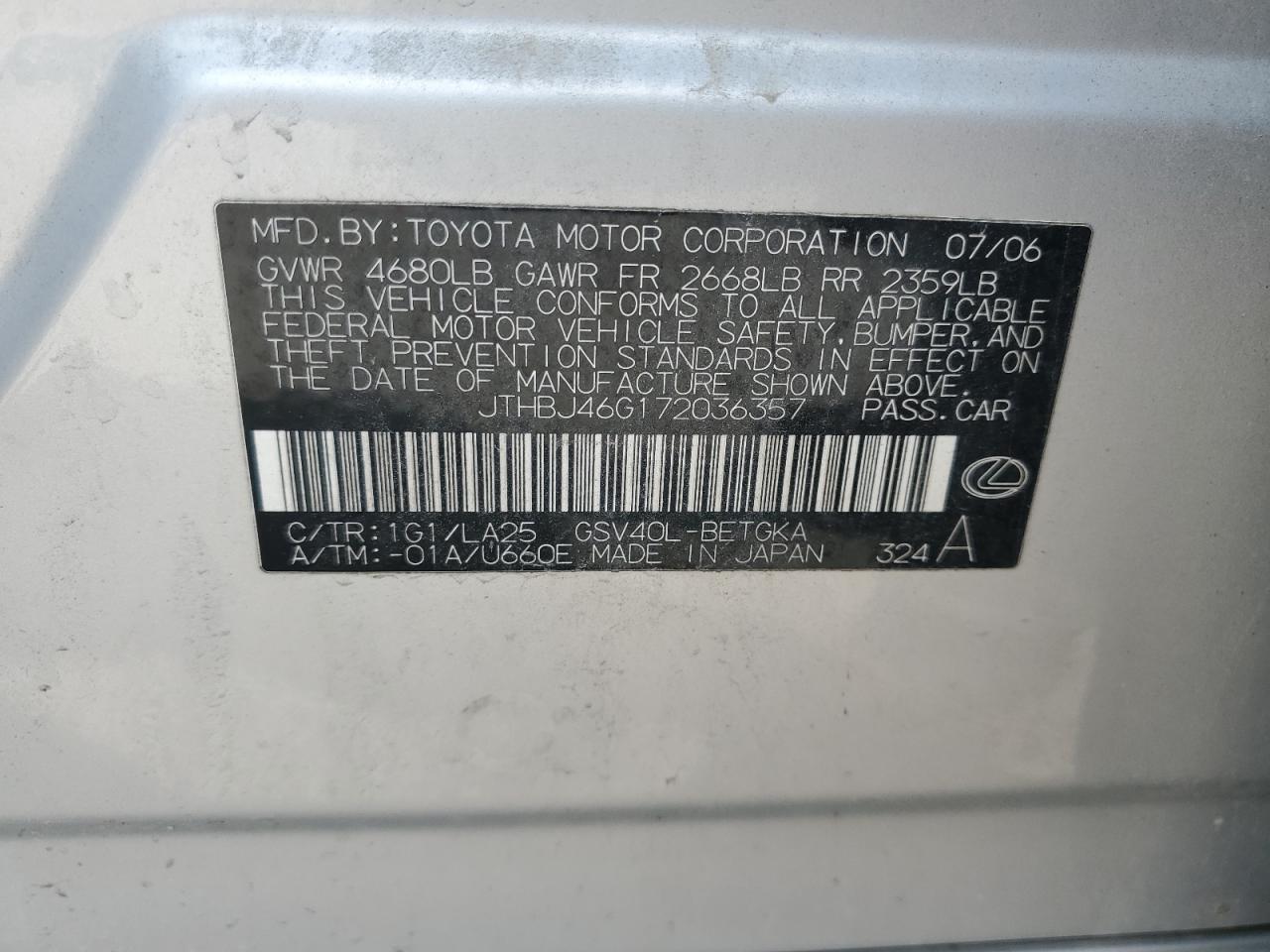 2007 Lexus Es 350 VIN: JTHBJ46G172036357 Lot: 61043415