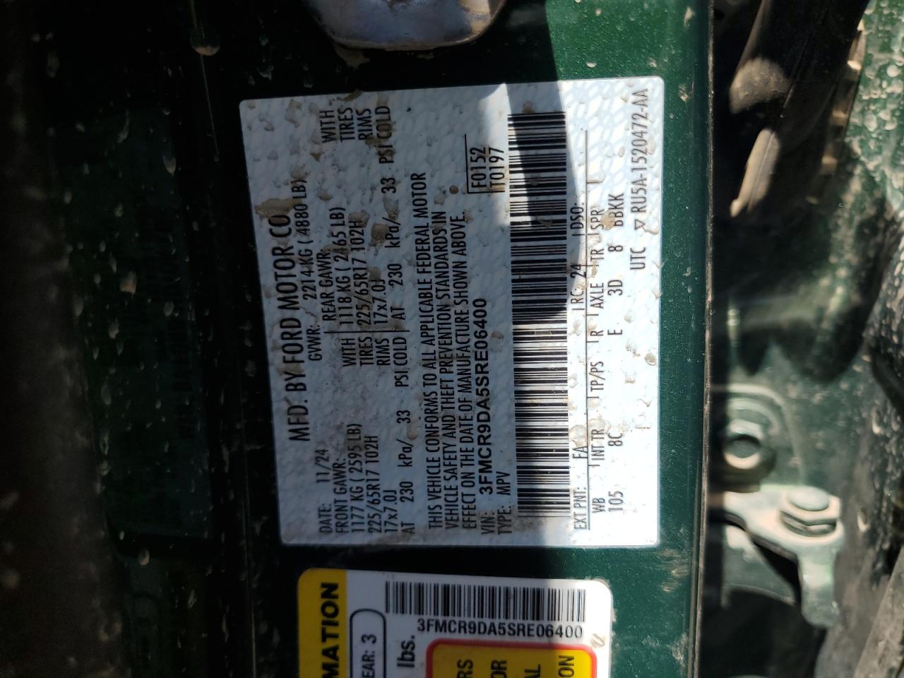 2025 Ford Bronco Sport Badlands VIN: 3FMCR9DA5SRE06400 Lot: 62072495