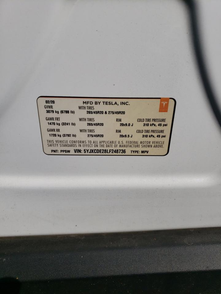 2020 Tesla Model X VIN: 5YJXCDE28LF248736 Lot: 60119735
