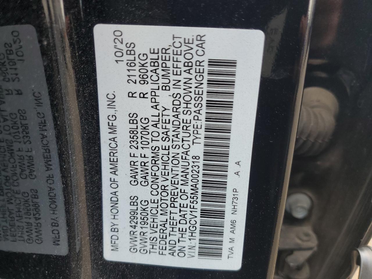 2021 Honda Accord Exl VIN: 1HGCV1F55MA002318 Lot: 62186015