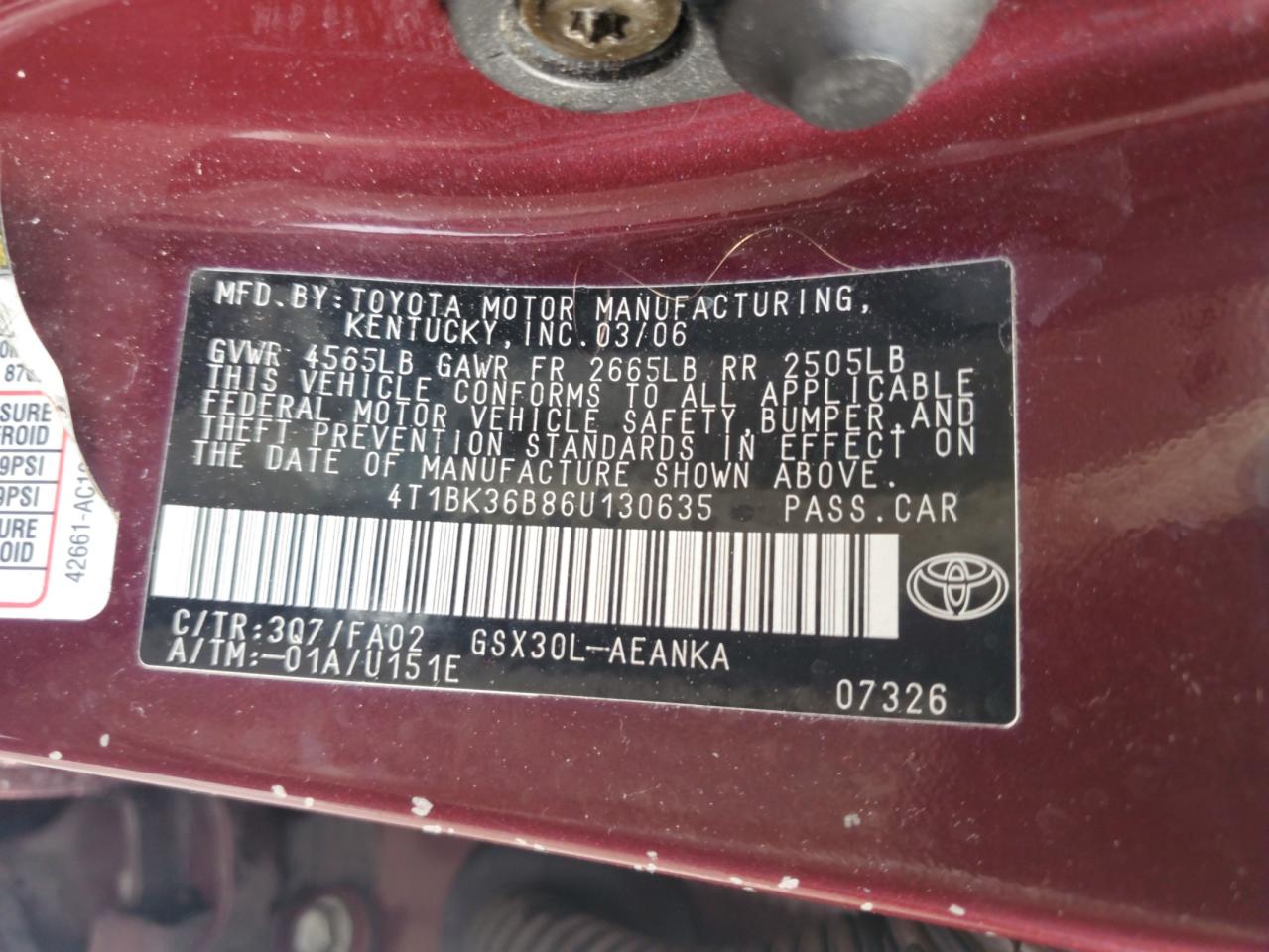 2006 Toyota Avalon Xl VIN: 4T1BK36B86U130635 Lot: 62841045