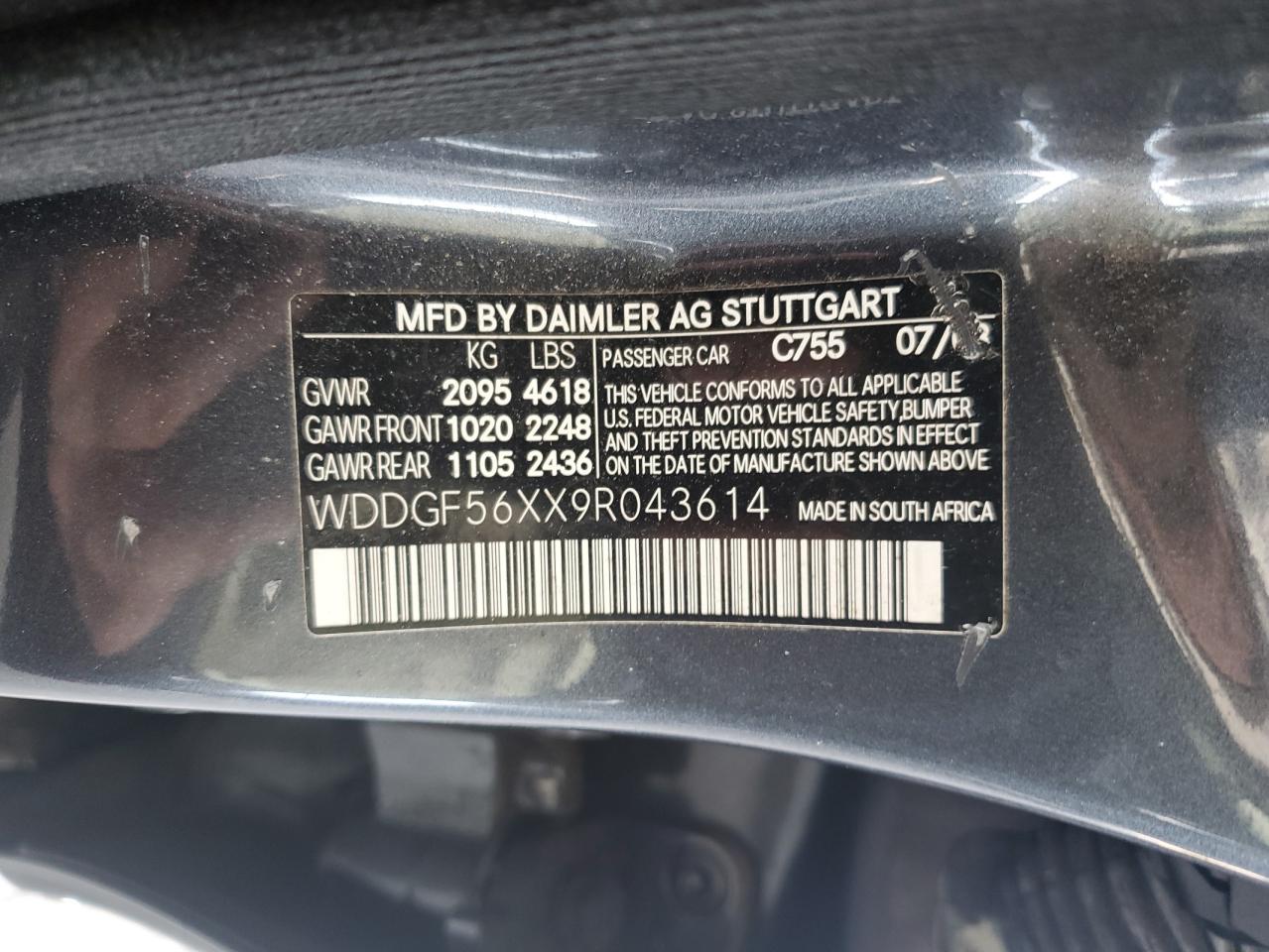 2009 Mercedes-Benz C 350 VIN: WDDGF56XX9R043614 Lot: 62166555