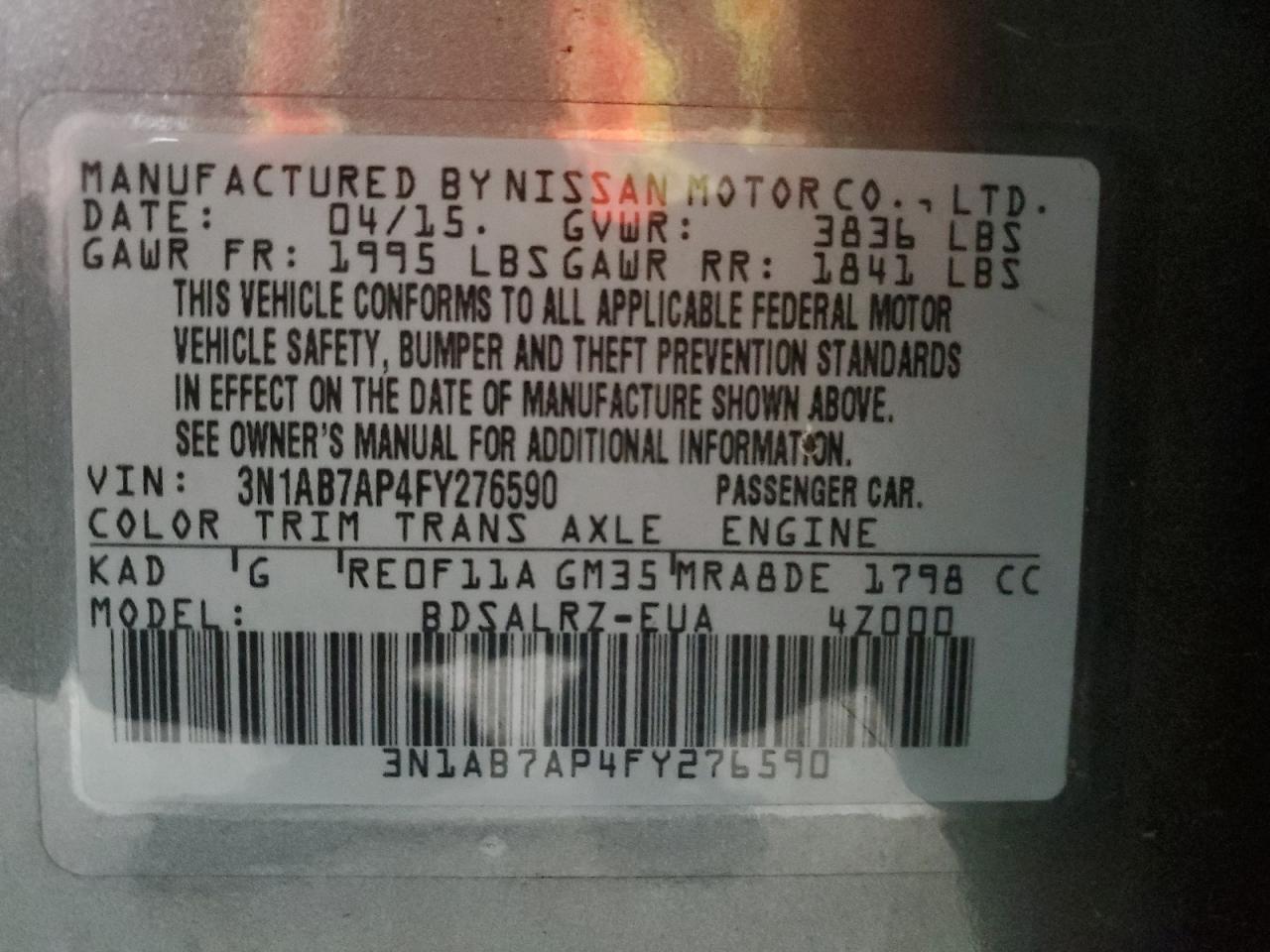 2015 Nissan Sentra S VIN: 3N1AB7AP4FY276590 Lot: 60685405