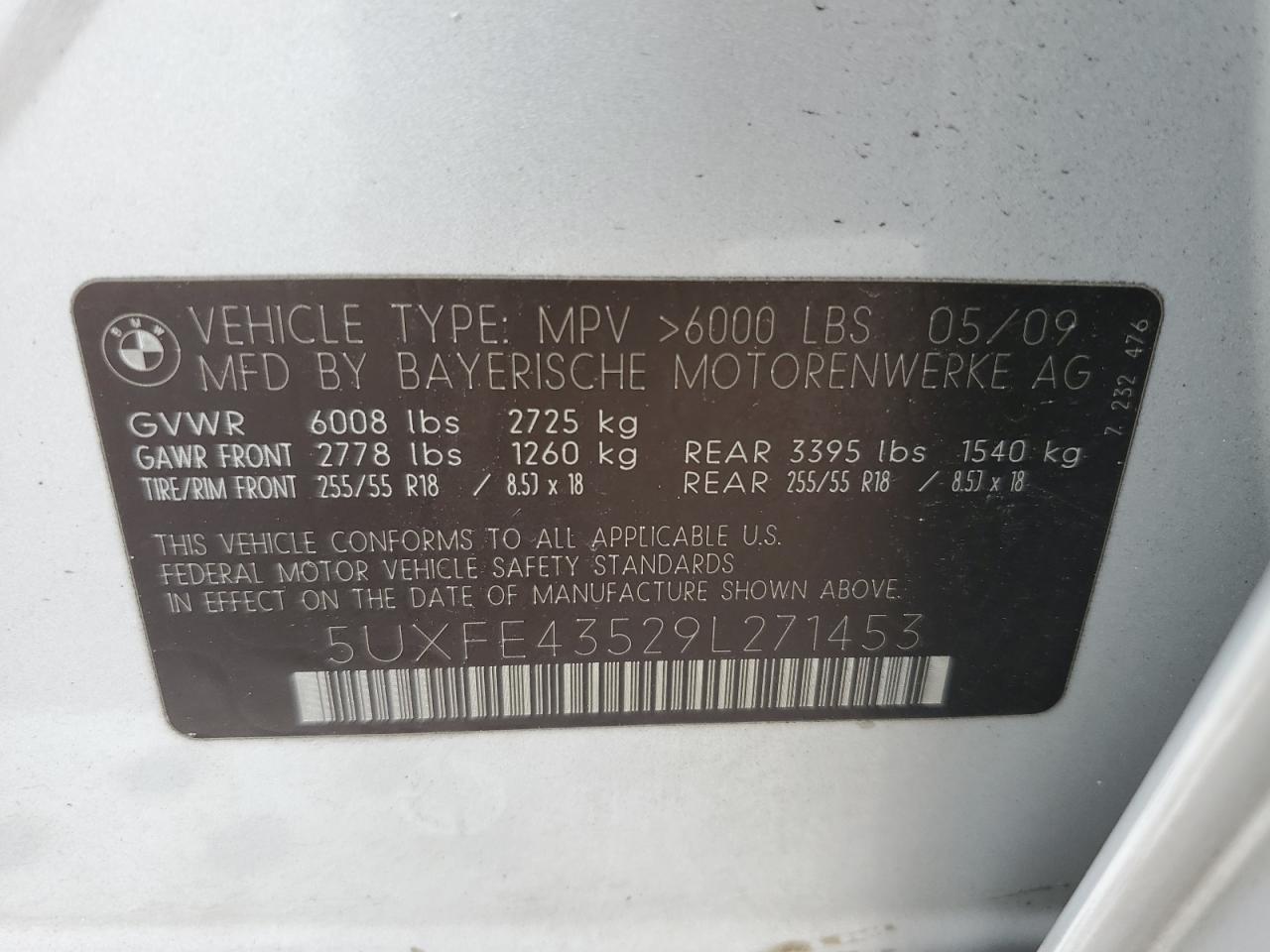 2009 BMW X5 xDrive30I VIN: 5UXFE43529L271453 Lot: 60861655