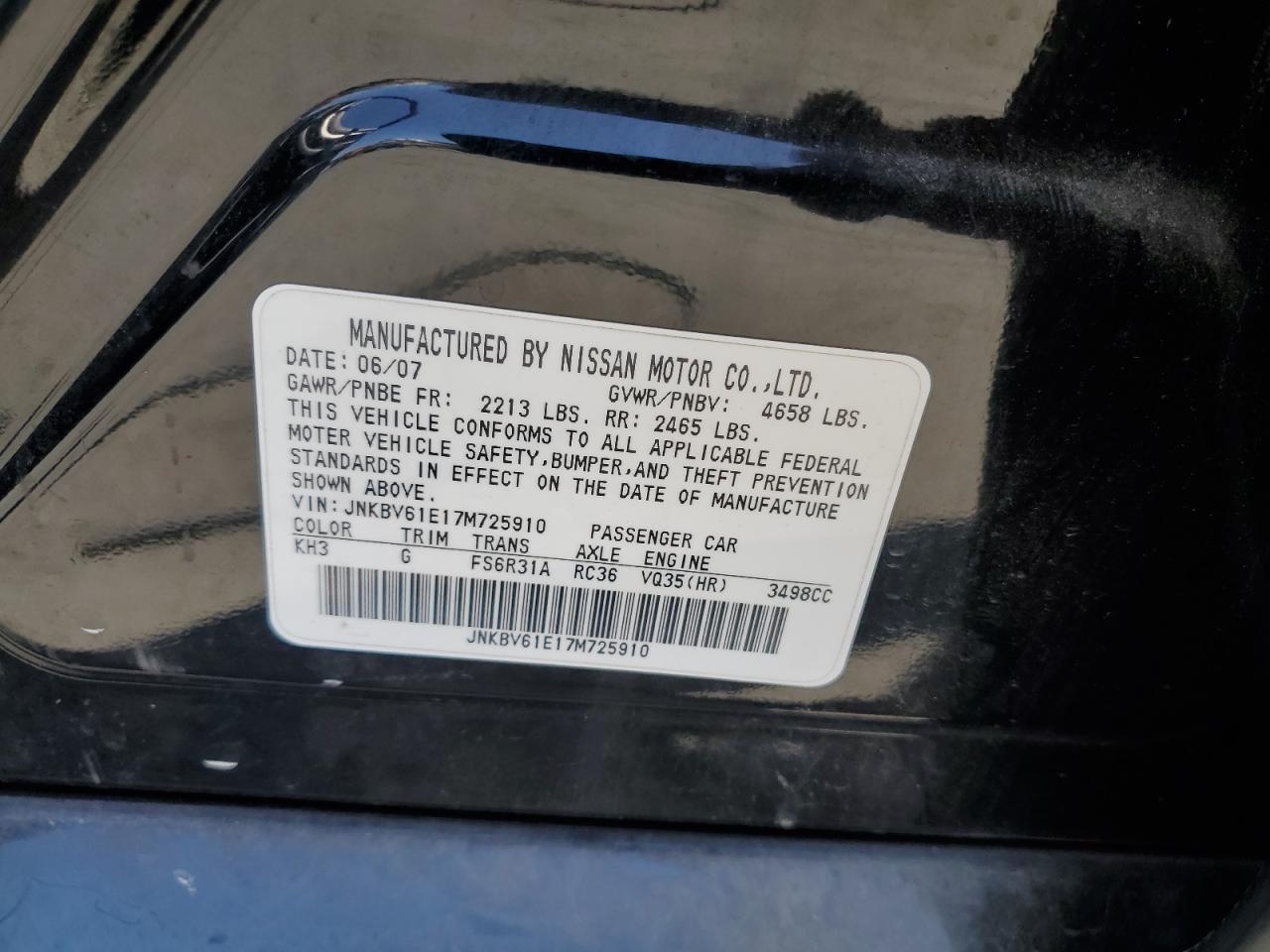 2007 Infiniti G35 VIN: JNKBV61E17M725910 Lot: 61037865