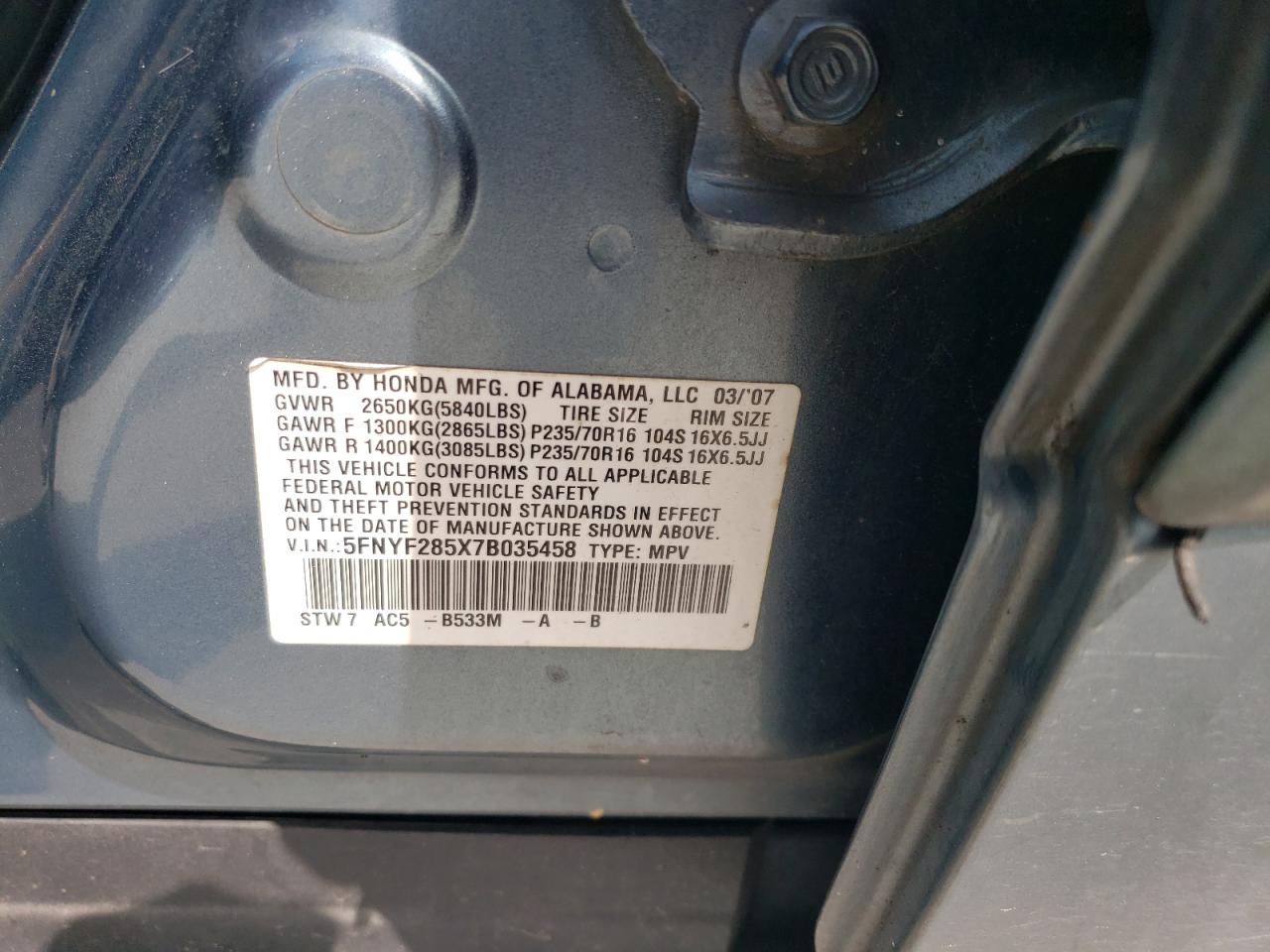 2007 Honda Pilot Exl VIN: 5FNYF285X7B035458 Lot: 60078045