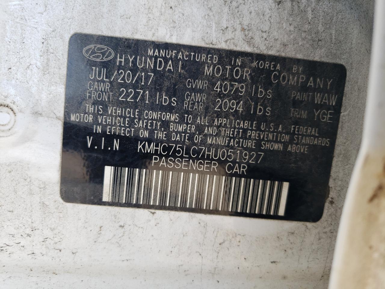 2017 Hyundai Ioniq Sel VIN: KMHC75LC7HU051927 Lot: 60051455