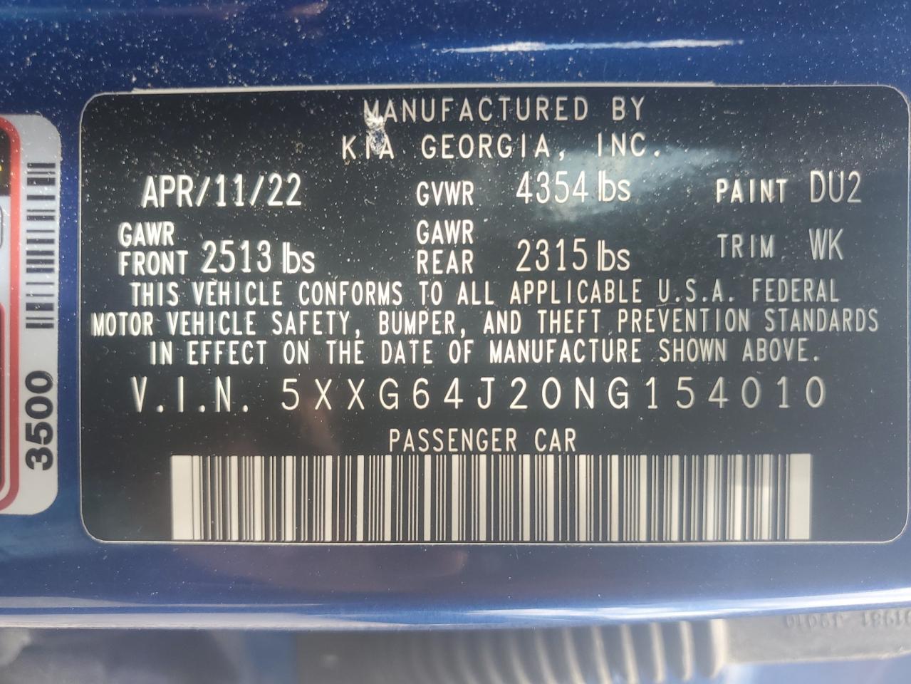 2022 Kia K5 Gt Line VIN: 5XXG64J20NG154010 Lot: 60846755