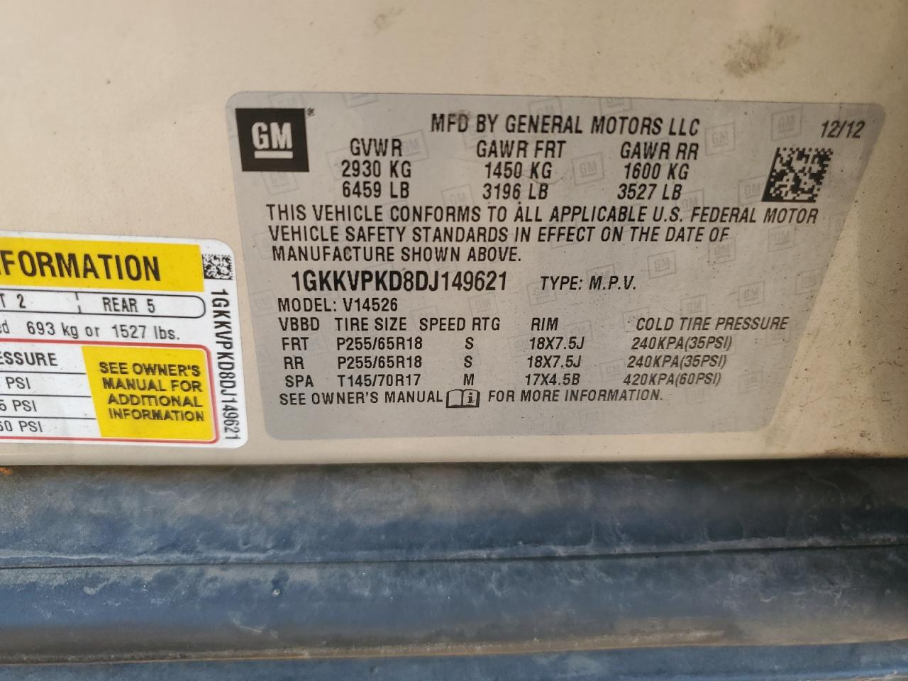 2013 GMC Acadia Sle VIN: 1GKKVPKD8DJ149621 Lot: 70544945