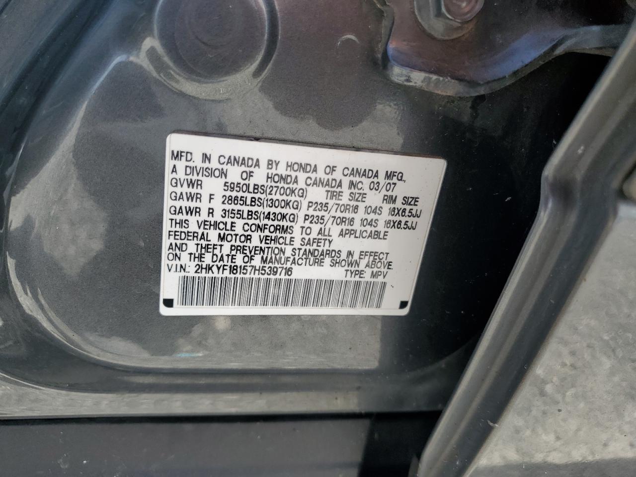 2007 Honda Pilot Lx VIN: 2HKYF18157H539716 Lot: 89651565