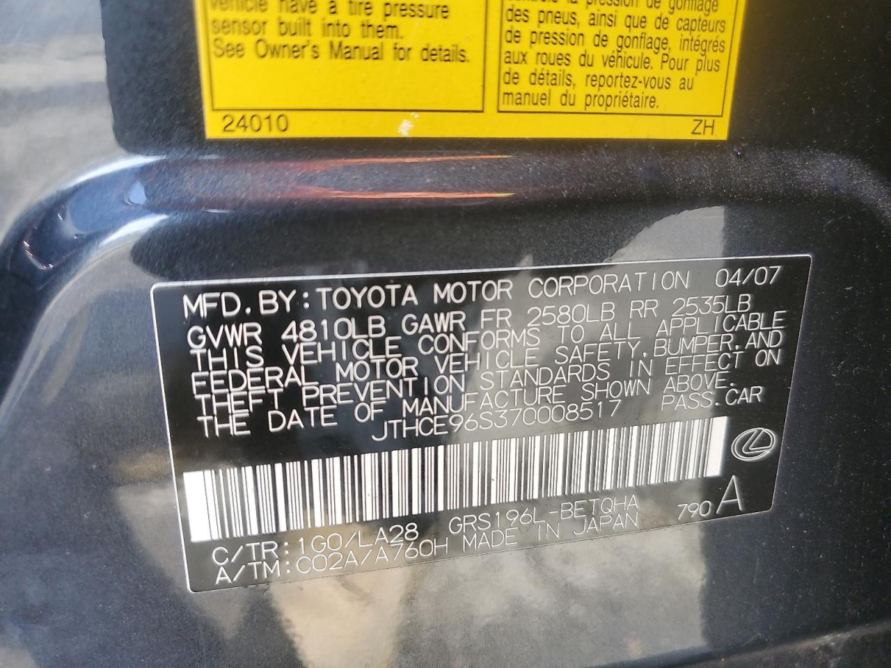 2007 Lexus Gs 350 VIN: JTHCE96S370008517 Lot: 61942015