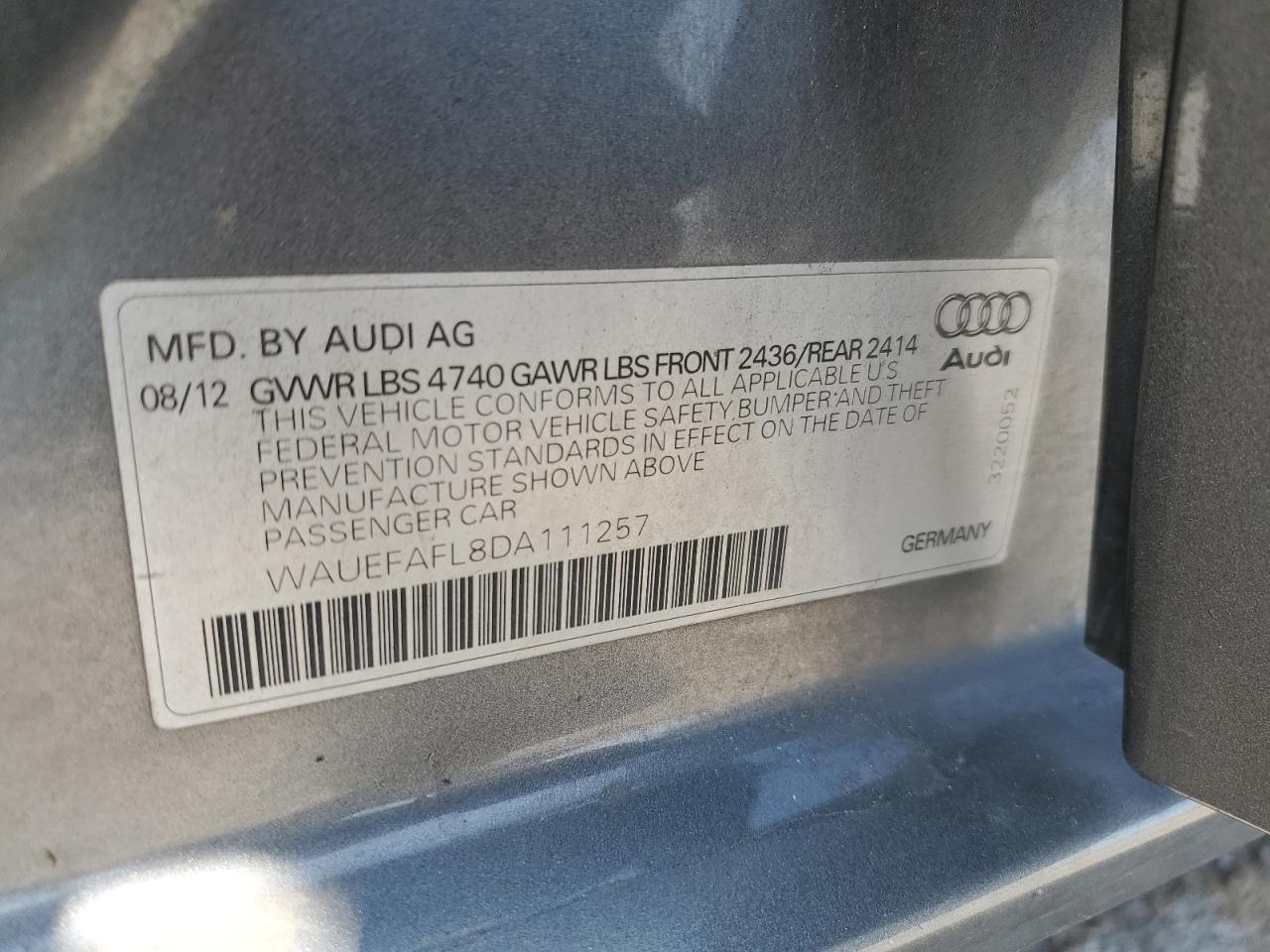 2013 Audi A4 Premium Plus VIN: WAUEFAFL8DA111257 Lot: 60753725