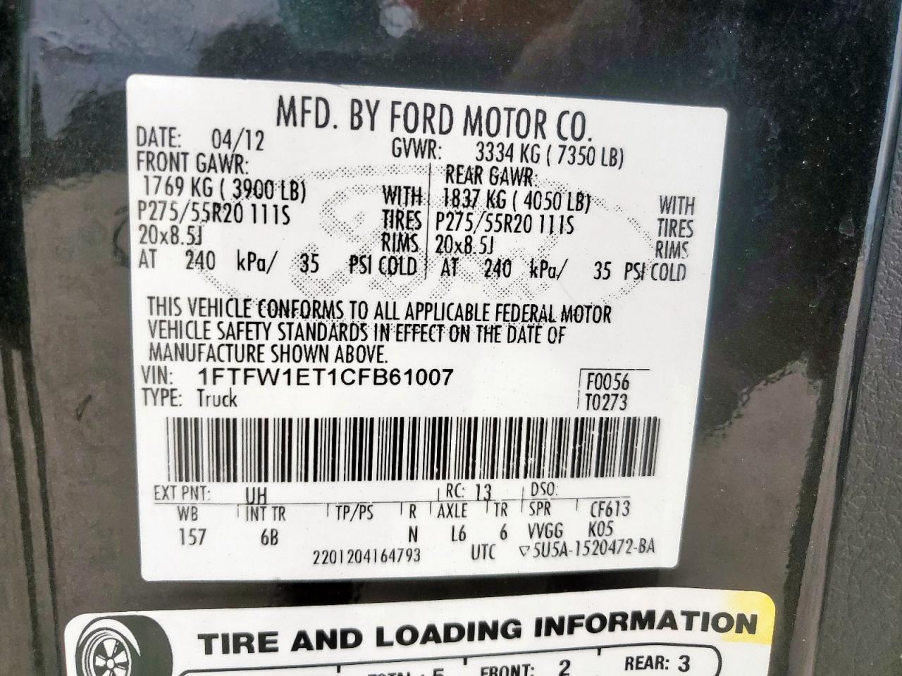2012 Ford F150 Supercrew VIN: 1FTFW1ET1CFB61007 Lot: 61638085