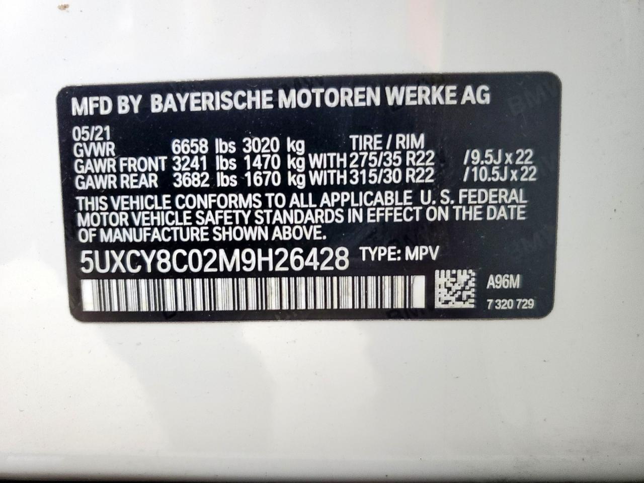 2021 BMW X6 M50I VIN: 5UXCY8C02M9H26428 Lot: 59164315