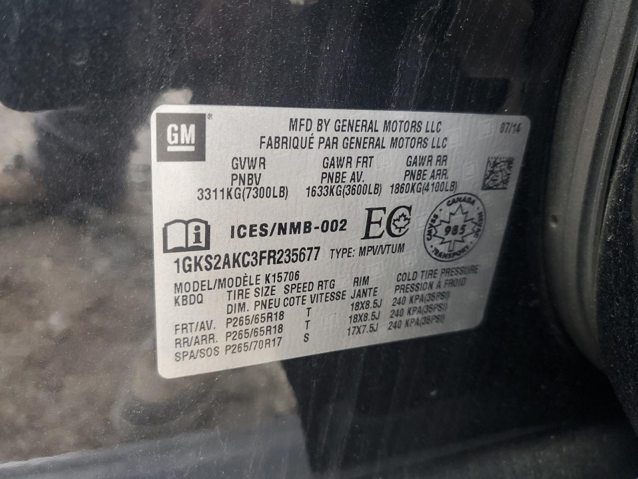 2015 GMC Yukon Sle VIN: 1GKS2AKC3FR235677 Lot: 62549215