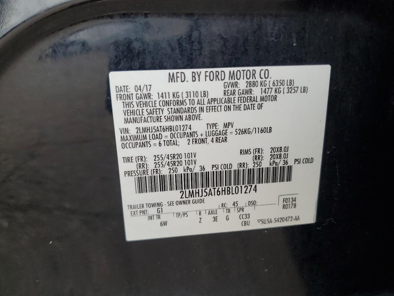 2017 Lincoln Mkt VIN: 2LMHJ5AT6HBL01274 Lot: 61281795