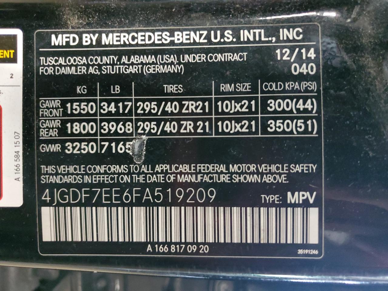 2015 Mercedes-Benz Gl 63 Amg VIN: 4JGDF7EE6FA519209 Lot: 60859345