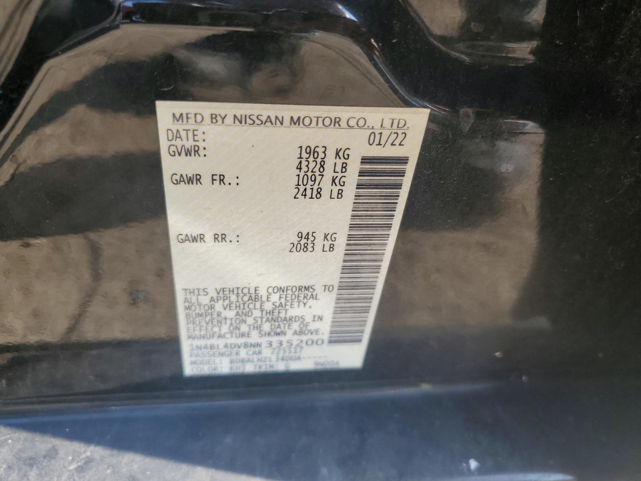 NISSAN ALTIMA 2022 VIN 1N4BL4DV8NN335200 zdjęcie 12