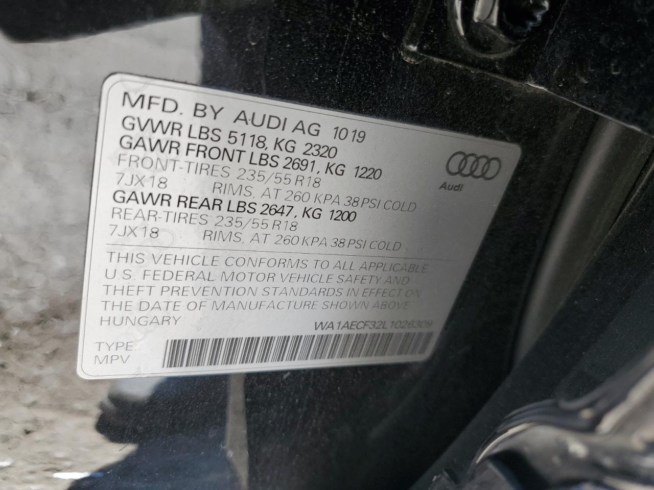 2020 Audi Q3 Premium VIN: WA1AECF32L1026309 Lot: 61504005