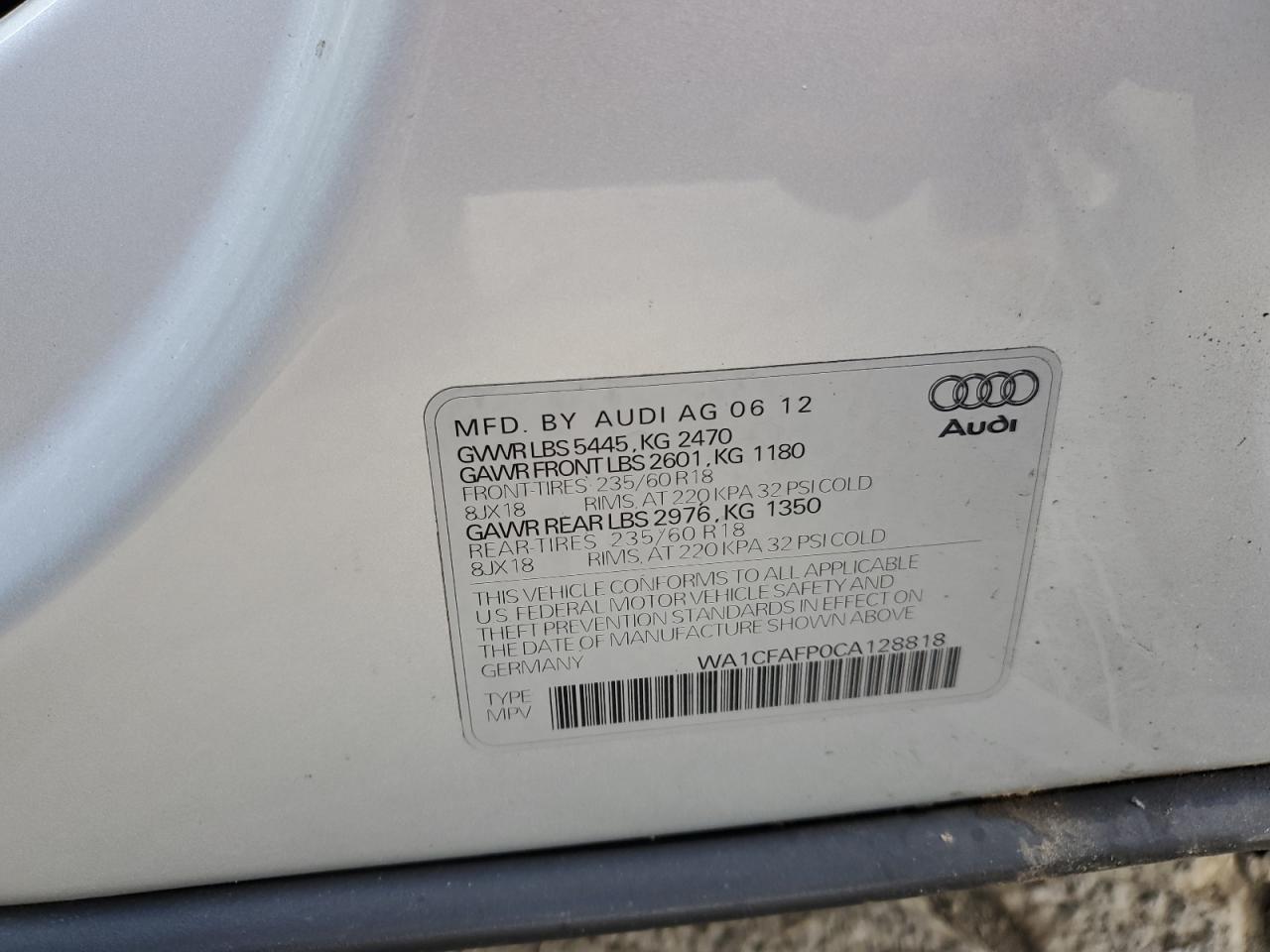 2012 Audi Q5 Premium VIN: WA1CFAFP0CA128818 Lot: 60521465