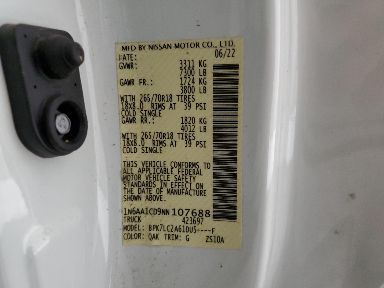 2022 Nissan Titan Sv VIN: 1N6AA1CD9NN107688 Lot: 58508475