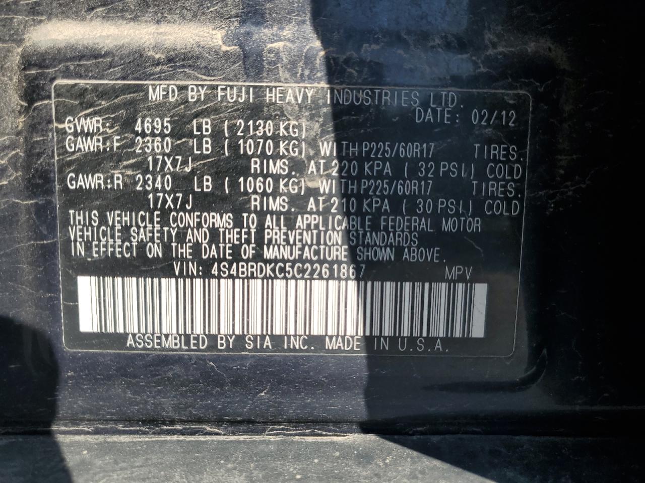 2012 Subaru Outback 3.6R Limited VIN: 4S4BRDKC5C2261867 Lot: 62703855