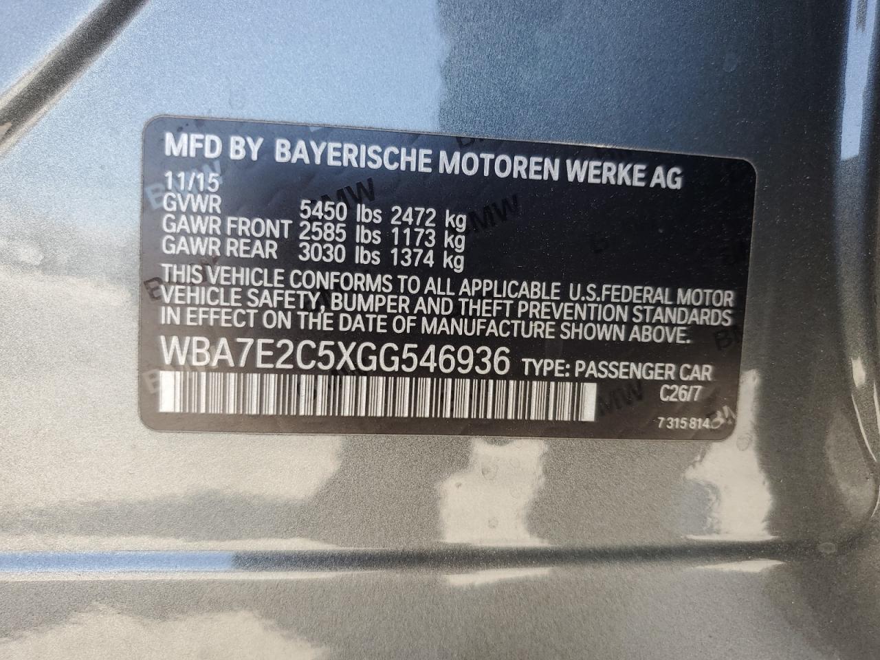 2016 BMW 740 I VIN: WBA7E2C5XGG546936 Lot: 59320065
