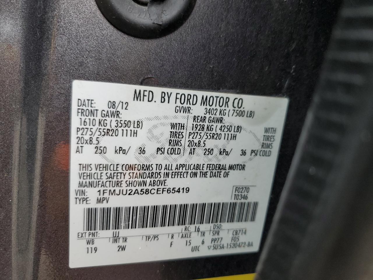 2012 Ford Expedition Limited VIN: 1FMJU2A58CEF65419 Lot: 62788635