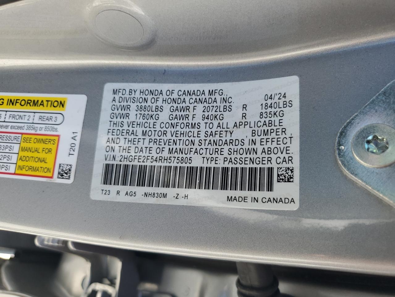 2024 Honda Civic Sport VIN: 2HGFE2F54RH575805 Lot: 62885915