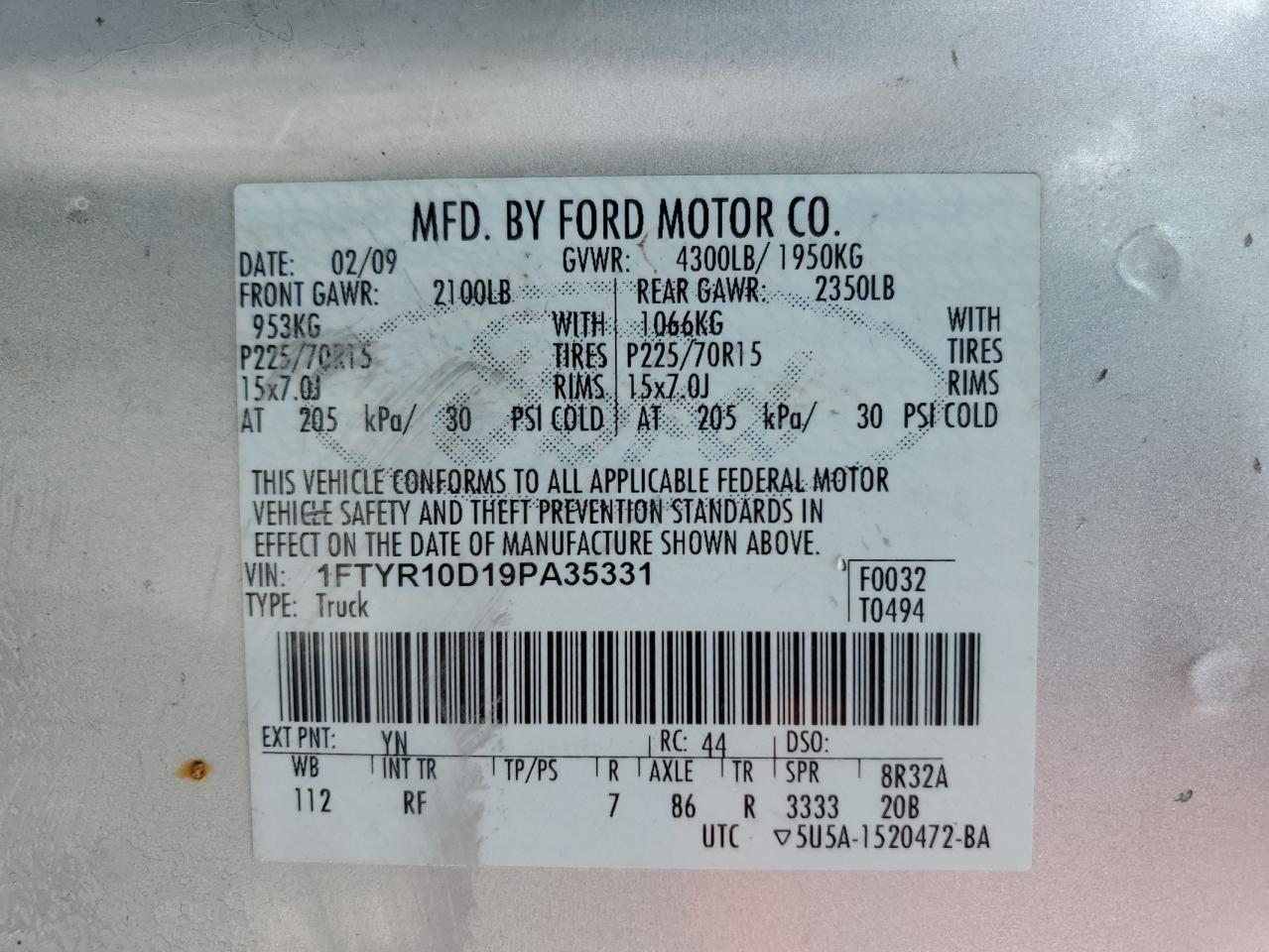 2009 Ford Ranger VIN: 1FTYR10D19PA35331 Lot: 62268685