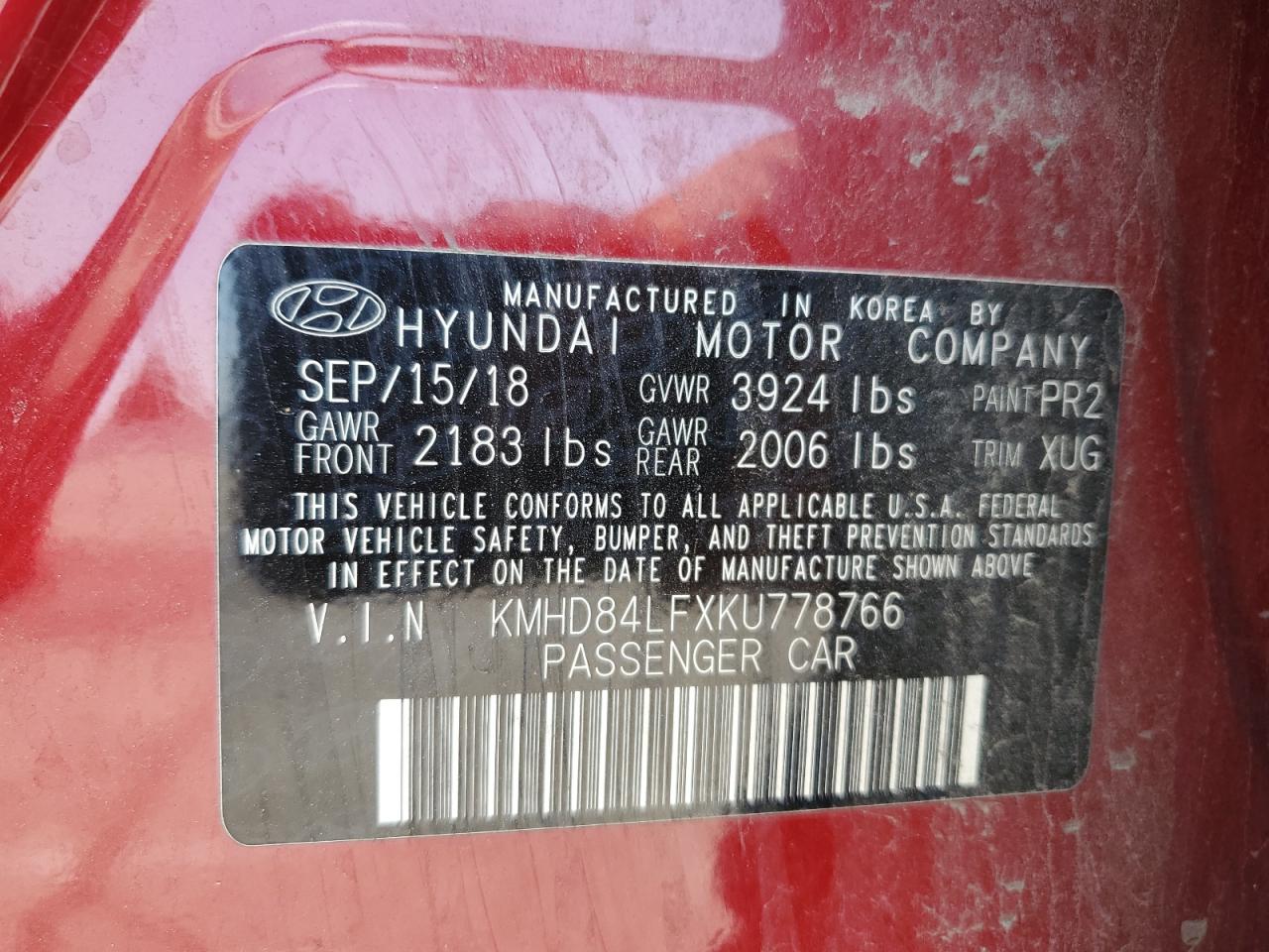 2019 Hyundai Elantra Sel VIN: KMHD84LFXKU778766 Lot: 62853685