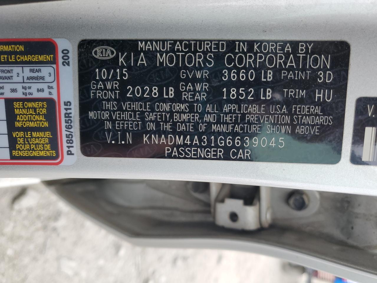 2016 Kia Rio Lx VIN: KNADM4A31G6639045 Lot: 60518345