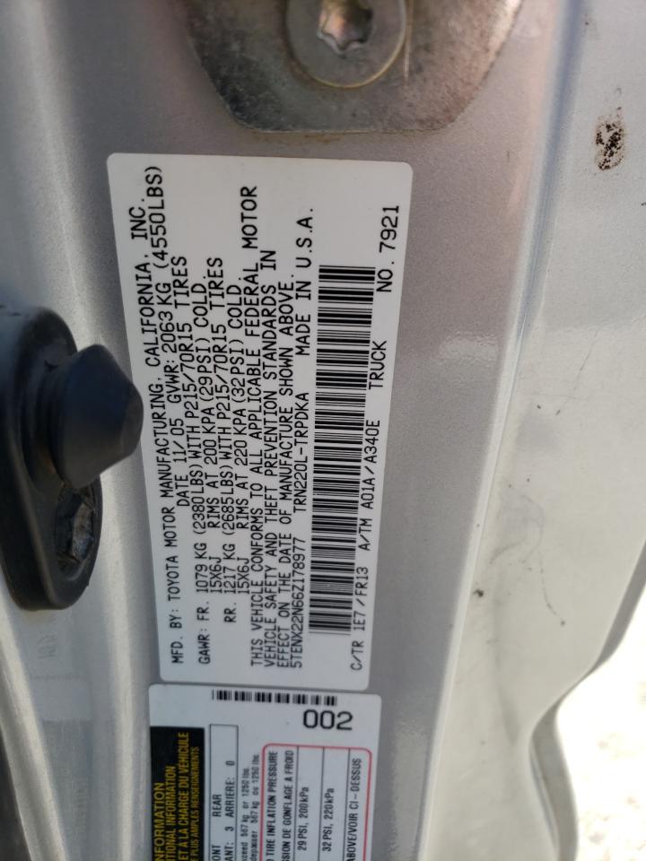 2006 Toyota Tacoma VIN: 5TENX22N66Z178977 Lot: 61342675