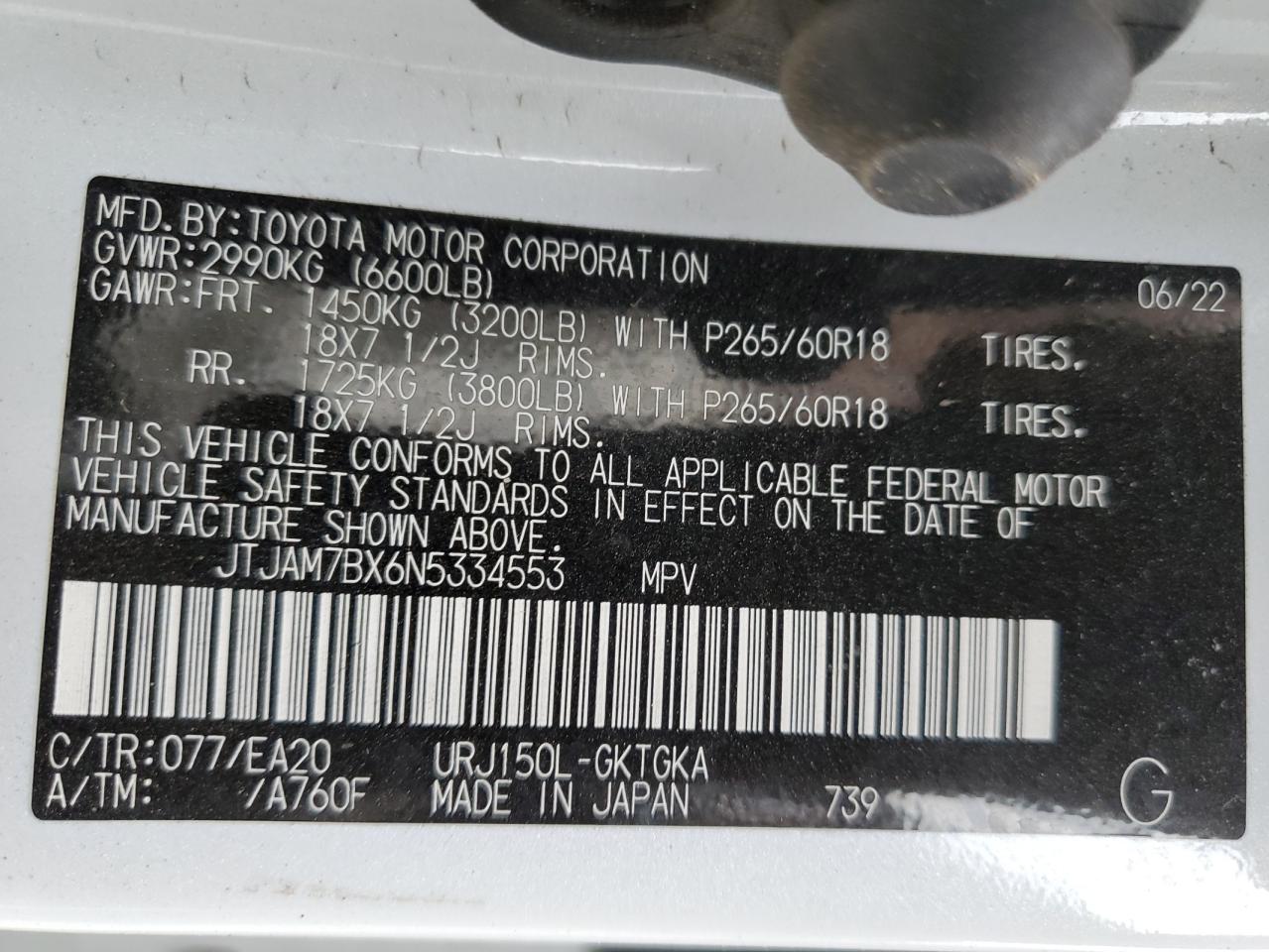 2022 Lexus Gx 460 VIN: JTJAM7BX6N5334553 Lot: 62518455