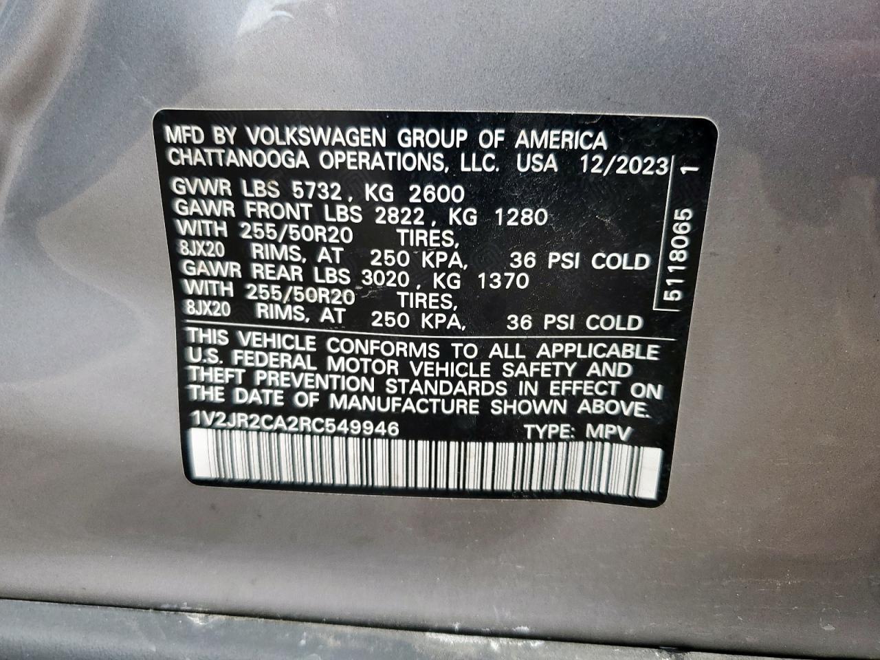 2024 Volkswagen Atlas Se VIN: 1V2JR2CA2RC549946 Lot: 62414545