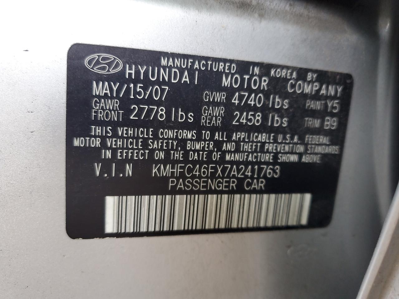 2007 Hyundai Azera Se VIN: KMHFC46FX7A241763 Lot: 61671315